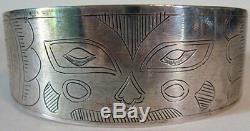 Vintage Tlingit Indian Engraved Silver Animal Face Cuff Bracelet