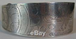 Vintage Tlingit Indian Engraved Silver Animal Face Cuff Bracelet