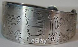 Vintage Tlingit Indian Engraved Silver Animal Face Cuff Bracelet