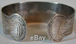 Vintage Tlingit Indian Engraved Silver Animal Face Cuff Bracelet