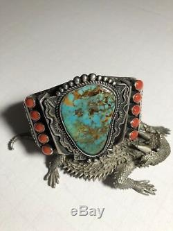 Vintage Turquoise And Coral Bracelet By Navajo Artist Kirk Smith