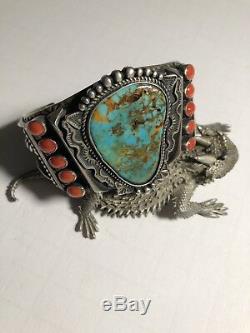 Vintage Turquoise And Coral Bracelet By Navajo Artist Kirk Smith