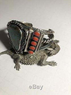 Vintage Turquoise And Coral Bracelet By Navajo Artist Kirk Smith