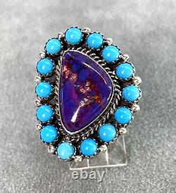 Vintage Turquoise & Charoite Cluster Ring by RB Sterling Size 7 Multi Navajo