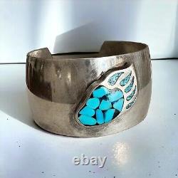 Vintage Turquoise Inlay Bear Paw Native American Navajo Cuff Bracelet Silver