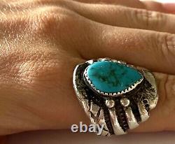 Vintage Turquoise Native American Signed K Mens Ring Sterling Deco Balls Sz 9.75