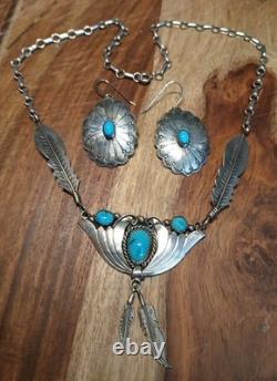 Vintage Turquoise Navajo Sterling Silver Feather Necklace & Earrings