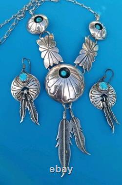 Vintage Turquoise Navajo Sterling Silver Feather Necklace & Earrings
