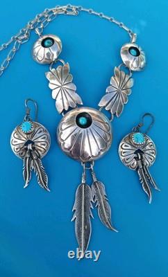 Vintage Turquoise Navajo Sterling Silver Feather Necklace & Earrings
