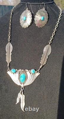 Vintage Turquoise Navajo Sterling Silver Feather Necklace & Earrings