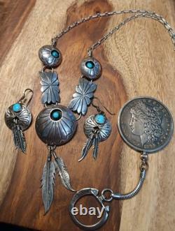 Vintage Turquoise Navajo Sterling Silver Feather Necklace & Earrings