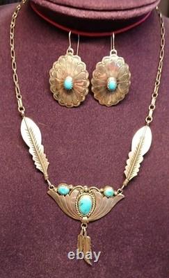 Vintage Turquoise Navajo Sterling Silver Feather Necklace & Earrings