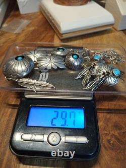 Vintage Turquoise Navajo Sterling Silver Feather Necklace & Earrings