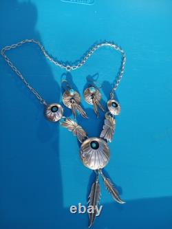 Vintage Turquoise Navajo Sterling Silver Feather Necklace & Earrings