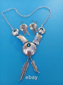 Vintage Turquoise Navajo Sterling Silver Feather Necklace & Earrings