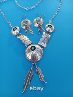 Vintage Turquoise Navajo Sterling Silver Feather Necklace & Earrings