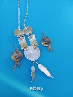 Vintage Turquoise Navajo Sterling Silver Feather Necklace & Earrings
