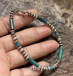 Vintage Turquoise Silver Bead Bracelet 21cm Navajo Handmade Sterling 925