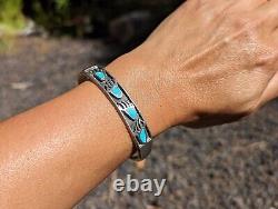 Vintage Unisex Native American Turquoise Bear Feet Overlay/Inlay Bracelet Sz 6.5