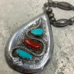 Vintage Viola Calavaza Zuni Sterling Snake Necklace Turquoise Coral Pendant