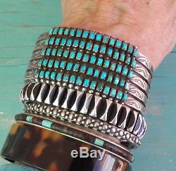 Vintage Wide Stamped Silver 5 Row Square / Rectangular Turquoise Cuff Bracelet