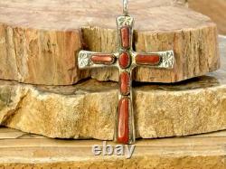 Vintage Wilbur Iule Zuni Sterling SIlver Coral Cross Pendant-330.26
