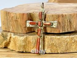 Vintage Wilbur Iule Zuni Sterling SIlver Coral Cross Pendant-330.26