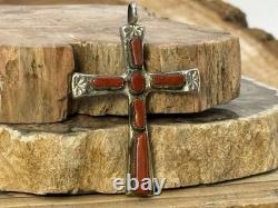 Vintage Wilbur Iule Zuni Sterling SIlver Coral Cross Pendant-330.26