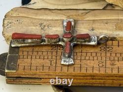 Vintage Wilbur Iule Zuni Sterling SIlver Coral Cross Pendant-330.26