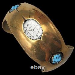 Vintage Willie Shaw Watch Cuff Brass Turquoise Navajo Native American Bracelet