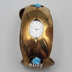 Vintage Willie Shaw Watch Cuff Brass Turquoise Navajo Native American Bracelet