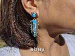 Vintage Women's Zuni Earrings Turquoise Inlay Native American Indian Jewelry