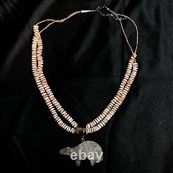 Vintage ZUNI Coral Inlay Bear Sterling Silver Necklace
