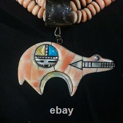 Vintage ZUNI Coral Inlay Bear Sterling Silver Necklace