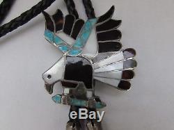 Vintage ZUNI Sterling Channel Inlaid Turquoise, MOP, Onyx, Shell Eagle Bolo Tie