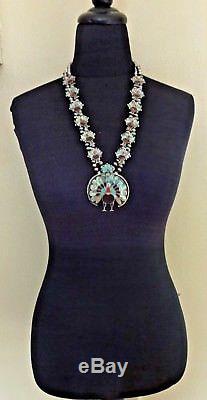 Vintage ZUNI Sterling PEACOCK Inlay SQUASH BLOSSOM Necklace SET Ring Earrings