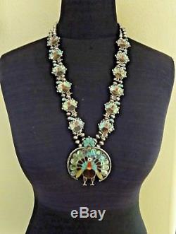 Vintage ZUNI Sterling PEACOCK Inlay SQUASH BLOSSOM Necklace SET Ring Earrings