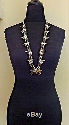Vintage ZUNI Sterling Silver INLAID Gemstone SQUASH BLOSSOM Necklace HUMMINGBIRD