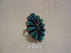 Vintage ZUNI Sterling Silver & TURQUOISE Petit Point Needlepoint RING, size 6.25