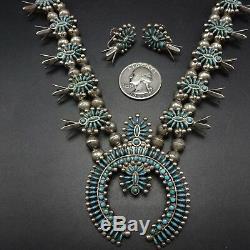 Vintage ZUNI Sterling TURQUOISE Needlepoint SQUASH BLOSSOM Necklace Earrings SET