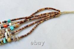 Vintage Zuni 5-Strand Heishi Necklace Turquoise Coral Shell