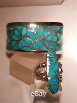 Vintage Zuni Alice Leekya Homer Turquoise Channel Inlay Cuff Bracelet & Ring