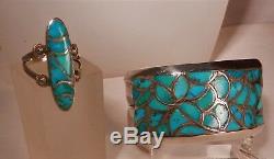 Vintage Zuni Alice Leekya Homer Turquoise Channel Inlay Cuff Bracelet & Ring