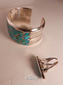 Vintage Zuni Alice Leekya Homer Turquoise Channel Inlay Cuff Bracelet & Ring