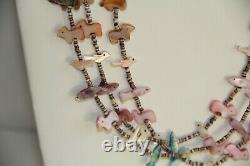 Vintage Zuni Animal Mother-of-Pearl Heishi Bead 3-Strand Waterfall Necklace