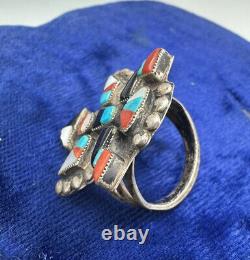 Vintage Zuni Bird Dancer Turquoise Native American Jewelry Silver Ring Inlaid