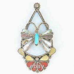 Vintage Zuni Butterfly Sterling Gemstone Pendant Signed T. Ohmsatte