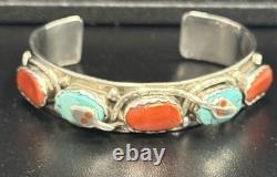 Vintage Zuni Effie C Silver Turquoise And Coral Snake Eye Cuff Bracelet 33.3g