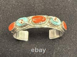 Vintage Zuni Effie C Silver Turquoise And Coral Snake Eye Cuff Bracelet 33.3g