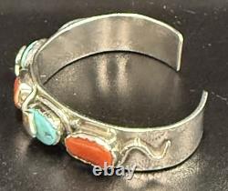 Vintage Zuni Effie C Silver Turquoise And Coral Snake Eye Cuff Bracelet 33.3g